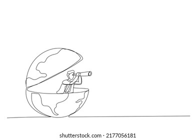 Cartoon of businessman open globe using telescope looking for vision to new opportunity. Work or investment, searching for oversea business concept. Single continuous line art style
