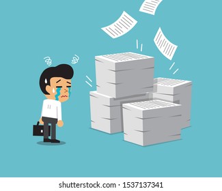 Cartoon businessman with a lot of paperwork for design.
