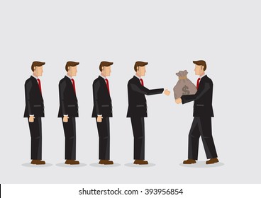 Cartoon businessman passing money bag to other businessmen standing in a line. Vector illustration on economic concept of wealth asset circulation isolated on plain background.