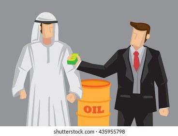 Cartoon businessman paying money to Arab man and a barrel of oil in background. Vector illustration for oil company purchasing oil from Middle East concept.