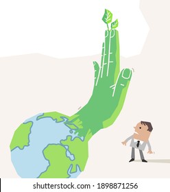 Cartoon businessman and planet Earth, making a Stop sign with big green Hand- paper-cut style