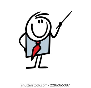 Cartoon businessman with a pointer in his hands shows something on the board and tells the strategy of a new business project. Vector illustration of a teacher in a suit in class.