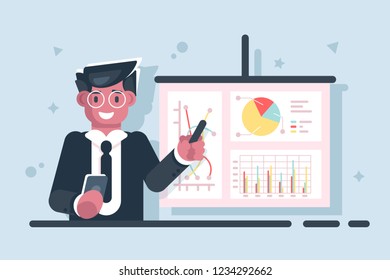 Cartoon businessman with pointer stick presentation chart vector illustration. Smiling analyst doing financial report and pointing important section of graphs flat style concept