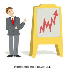Empresario de dibujos animados con ilustración vectorial de la gráfica de presentación con lápiz de puntero. Analista sonriente haciendo informe financiero y señalando sección importante de gráficos concepto de estilo plano