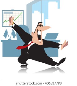 Cartoon businessman or politician. He is happy and he dances. Vector illustration