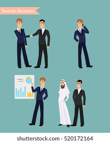 Cartoon businessman poses. Businessman isolated on white vector illustration
