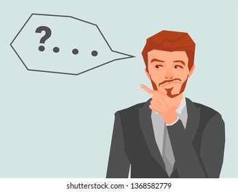 Cartoon of business-man posing thinking with question mark illustration. Thinking vector concept.
