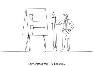 Cartoon of businessman present action plan with checklist step on whiteboard concept of procedure. One continuous line art style