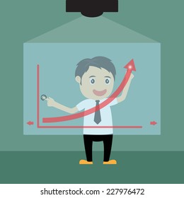Cartoon businessman present graph on transparent touch screen device, vector illustration.
