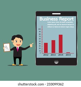 Cartoon businessman presenting graph in screen tablet device, vector illustration.