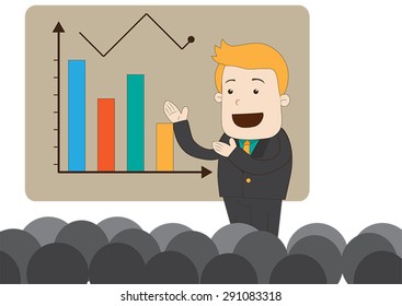 A cartoon businessman is presenting or teaching businesspeople for business knowledge and market trend analysis in seminar is isolated background, create by vector