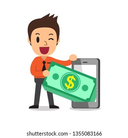 Cartoon businessman pulling money stack from smartphone for design.