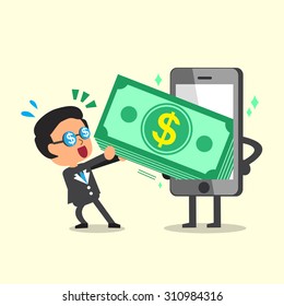 Cartoon businessman pulling money stack from smartphone