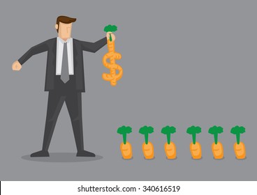 Cartoon businessman pulling out a dollar sign crop from the ground. Creative vector illustration on wordplay of cash crops and wealth concept isolated on grey background.