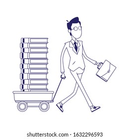 cartoon businessman pulling a trolley with books over white background, flat design, vector illustration