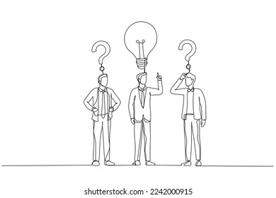 Cartoon of businessman with question sings and lamp idea concept of find right decision. One line style art
