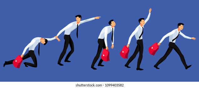 Cartoon businessman in race. Set of male comic characters running in office suits with briefcases. Vector illustration