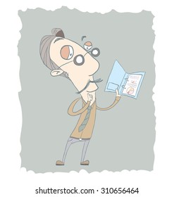 Cartoon Businessman Reading report in hand drawing style.