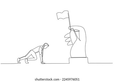 Cartoon von Geschäftsmann bereit zu rennen auf Position wartet auf die Flagge. Kunststil aus einer Hand