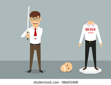 Cartoon Businessman Is Relaxing After A Bad Day In Office And Cut Off A Head Of Boss Dummy With A Sword. Business Concept For Emotional Release, Revenge, Conflict Resolution Design