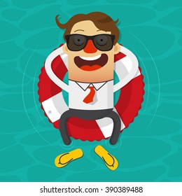 Cartoon businessman  relaxing in an inner tube on the tropical sea. Vector illustration.