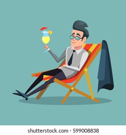Cartoon Businessman Relaxing On Vacation With Tropical Cocktail. Summer Holidays. Vector Illustration