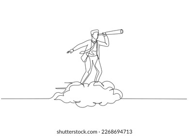 Cartoon of businessman riding cloud while using telescope. Concept of vision. One line art style