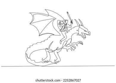 Cartoon of businessman riding a dragon concept of overcoming adversity and courage. One line style art