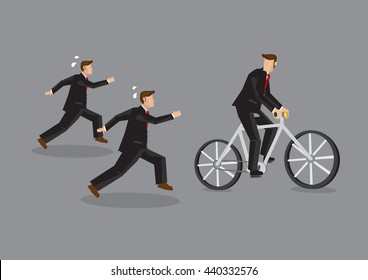 Cartoon businessman riding on bicycle looking back at coworkers running to keep up and be on par. Vector business illustration on having an advantage to make job easier concept.