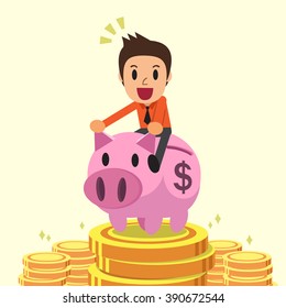 Cartoon businessman riding pink piggy bank with money background