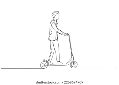 Cartoon of businessman riding scooter. Concept of eco friendly transportation. One line art style