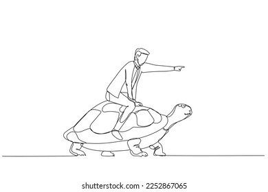 Cartoon of Businessman riding turtle that walk slowly concept of business development. One continuous line art style