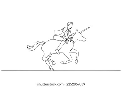 Cartoon of businessman riding unicorn ready to expand to new area. One continuous line art style