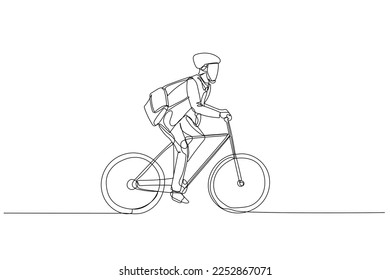 Cartoon of businessman rriding bicycle to office concept of bike to work eco friendly transportation. One line art style