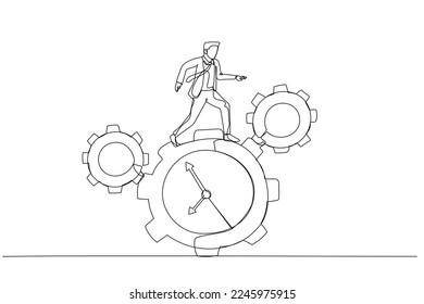 Caricatura de un hombre de negocios a lo largo de la marcha en forma de concepto de reloj de la gestión del tiempo. Un estilo de arte de línea continua