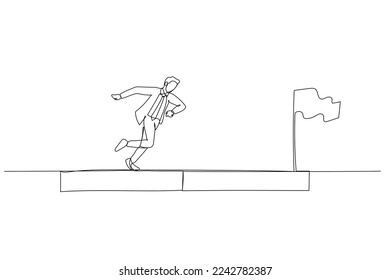 Cartoon of businessman run on progress bar to achieve success flag concept of progress. One line art style