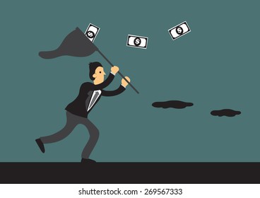 Cartoon businessman running after money and trying to catch them with a butterfly net. Creative vector illustration for business and monetary concept.