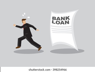 Cartoon businessman running away from giant Bank Loan document chasing after him. Creative vector illustration on avoiding bank loan concept isolated on grey background.