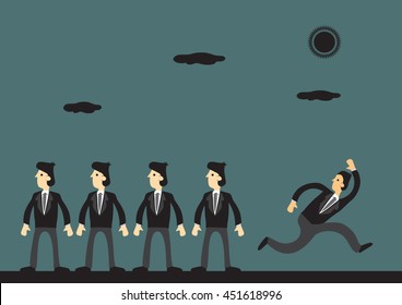 Cartoon businessman running away in opposite direction from homogeneous workers. Vector business illustration on being different and non-conformity concept.