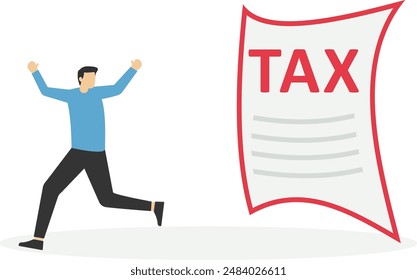 Cartoon businessman running away from Tax notice chasing behind him. Creative vector illustration on concept of tax evasion by businesses isolated on grey background.

