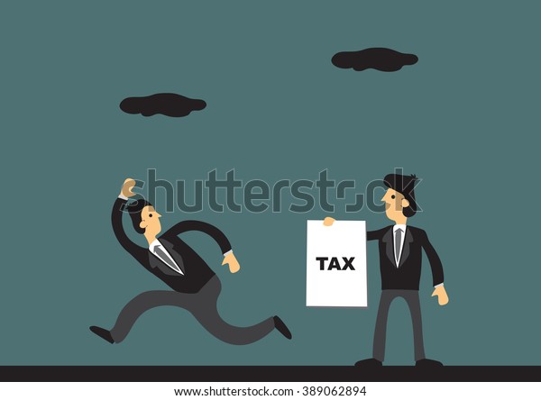 Cartoon businessman running away\
from tax collector. Vector illustration on tax evasion\
concept.