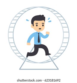 Cartoon businessman running in hamster wheel. Rat race concept and workplace anxiety vector illustration.