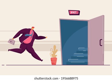Cartoon businessman running to opened exit door. Flat vector illustration. Worker escaping from office because of emergency situation or evacuation. Safety, fire escape, evacuation, business concept