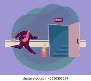 Cartoon businessman running to opened exit door. Flat vector illustration. Worker escaping from office because of emergency situation or evacuation. Safety, fire escape, evacuation, business concept