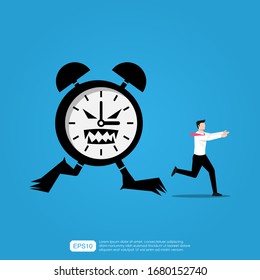 Cartoon of Businessman Running in Panic From Big Deadline With monster of clock Chasing Him.