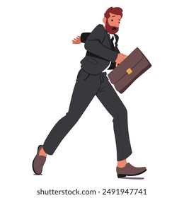 Cartoon Businessman Running In A Panic With A Briefcase In Hand. Image Captures Urgency, Stress, And The Rush Associated With Business And Deadlines. Concept Of Busy Work Life, Deadlines, And Stress