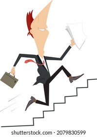 Cartoon businessman runs upstairs illustration. 
Smiling young man with bag and papers goes upstairs isolated on white
