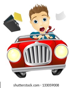 A cartoon businessman, scared driving fast in an out of control car