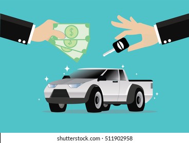 Cartoon, Businessman Selling A Car Pickup With Cash., Vector Eps10