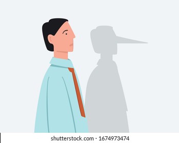 Cartoon businessman with shadow of long lie nose vector flat illustration. Business male cheater liar or lying isolated on white background. Portrait of betray dishonest colorful person